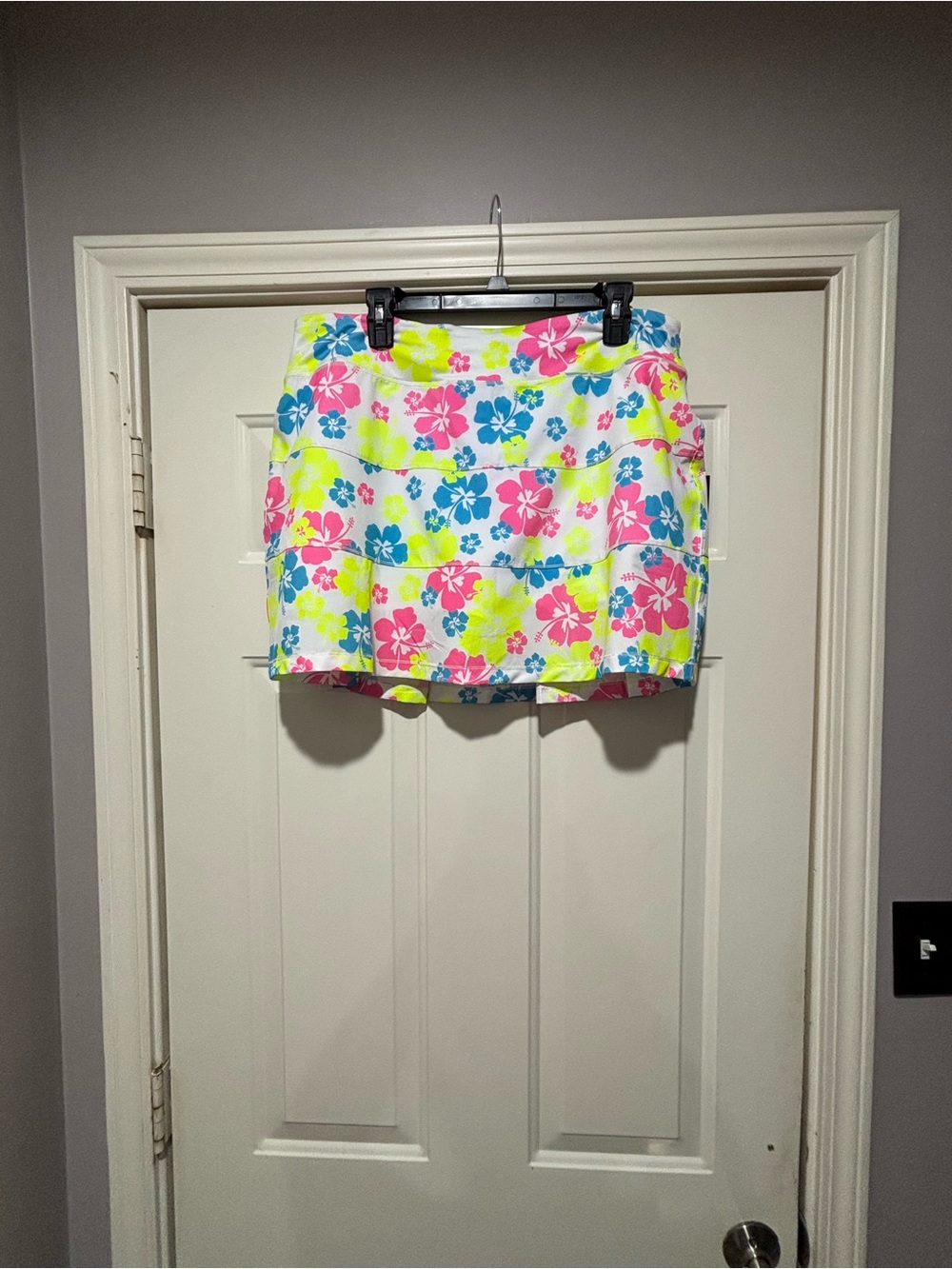 Floral Tiered Ladies Skort in White with Pink, Blue & Neon Yellow